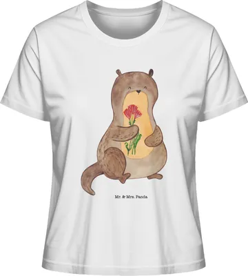 Produktbild von Mr. & Mrs. Panda Basic Shirt Damen Otter Blumenstrauß Größe S - Weiß - Geschenk, Süß, Oberteil, Baumwoll T-Shirt, Seeotter, Niedlich, See