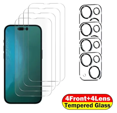 A product image showing multiple screen protectors and camera lens protectors for iPhones.