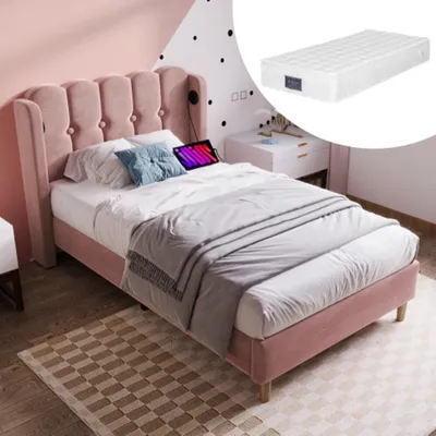 Produktbild von Polsterbett Einzelbett mit USB Typ C Ladefunktion, Bettgestell mit Lattenrost,Gepolstertes bett,Bettrahmen für Schlafzimmer (Mit Matratze)