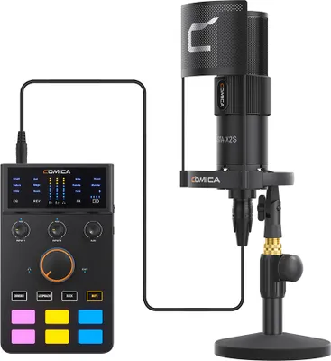 Produktbild von COMICA AD Caster C1-K1 Audiomixer, USB-Audioschnittstelle, Soundkarte mit 3,5-mm-Anschluessen, Dual-XLR-Eingang, unterstuetzt Echtzeitueberwachung, BT-Verbindung mit Mikrofon, stossfester Pop-Filter und Tischstaender fuer Podcasting, Streaming, Gaming und Aufnahme