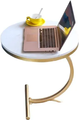 Productafbeelding van Ronde bijzettafel - Marmer look tafel - Woonkamer decoratie - Gouden metalen poten - Diameter 55 cm - Wit