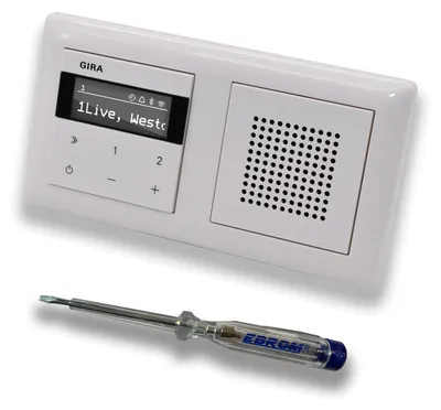 Produktbild von Gira Unterputz IP Internetradio 232003 + Bluetooth Komplett-Set mit Lautsprecher - System 55 - reinweiß glänzend mit 2fach Rahmen Gira 021203 inkl. EBROM Phasenprüfer zur Montage der Geräte