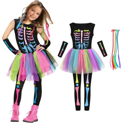 Produktbild von Kostüm Verkleidung Outfit für Mädchen Skelett Halloween L 135-152 cm