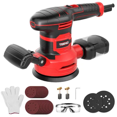 Image de TEENO Ponceuse excentrique 450W à 6 vitesses, 13.000 tr/min,plateau Ø125/150mm, 20 meules, boîte à poussière, câble 2 m - Avec lunettes de protection
