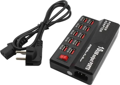 A black 10-port USB power adapter with a power cord and EU plug.