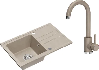 Produktbild von VBChome Dřez granitový béžový s baterií 70 x 44 cm Jednomísový vestavný dřez Skvrnitý reverzibilní granitový dřez Sifonové umyvadlo Béžová baterie
