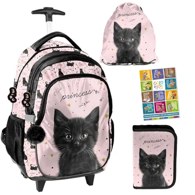 Produktbild von Schulranzen für Jungen und Mädchen, 4er-Set - Trolley-Schulrucksack für Kinder mit Federmäppchen - Schuhbeutel und Hausaufgabenheft - Katze Motiv