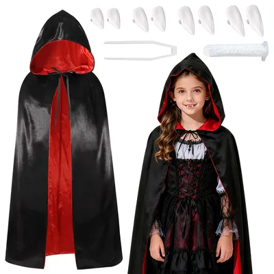 Produktbild von Halloween Vampir Kostüm schwarz rot, Umhang mit Vampirzähnen, Karneval Cosplay
