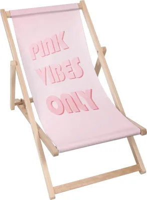 A pink deck chair with text on it, set against a white background.