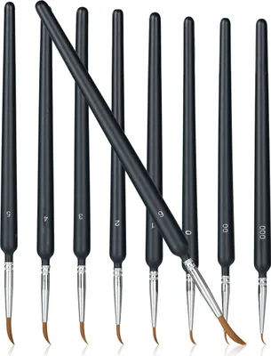 A set of nine paintbrushes arranged in a row against a white background.