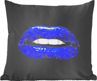Produktbild von MuchoWow® Zierkissen Sofakissen Wohnzimmer Dekokissen 50x50 cm Lippen - Geld - Blau - Komfort - Sofakissen