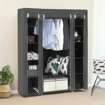 Produktbild von WYCTIN DIY Kleiderschrank mit Stangen Stoffschrank mit Tür ,Textilschrank Stoffschrank Faltschrank Campingschrank ,Grau ,172*134*43cm