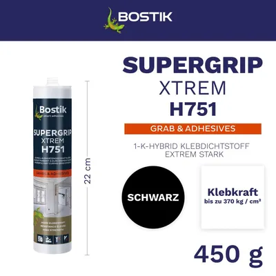 Produktbild von BOSTIK H751 Supergrip Xtrem Schwarz – Klebstoff mit Extremer Anfangshaftung, Hoher Endfestigkeit, Für Innen-und Außenbereich, Hybridtechnologie, 450g
