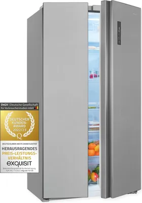 A silver side-by-side refrigerator with one door slightly ajar, revealing the interior with shelves and food items. A gold award badge is attached to the left door.