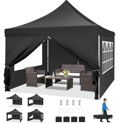 Produktbild von Faltpavillon 3x3m Wasserdicht Stabil Winterfest mit 4 Seitenwänden Schwarz