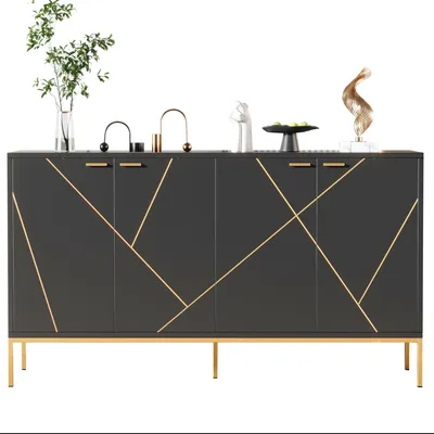 Produktbild von Merax Sideboard Kommode mit 4 Türen, TV-Schrank, Kleiderschrank, Metallbeine, Metalllinien, 80×150× 40cm, Schwarz+Golden