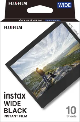 A box of Fujifilm Instax Wide Black instant film, with a landscape photo on the front.