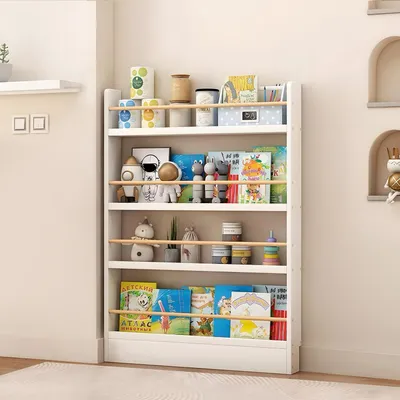 Immagine prodotto di Libreria per cameretta, 4 ripiani, bianca, 90x10x120 cm, con sistema anti-ribaltamento, salvaspazio