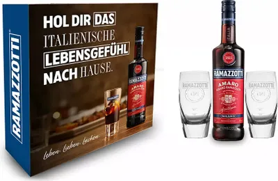 Produktbild von Ramazzotti Geschenkset - Ramazzotti Amaro Milano 0,7L (30% Vol.) + 2 Ramazzotti Crema Gläser Bauchig mit Geschenkbox - [Enthält Sulfite]