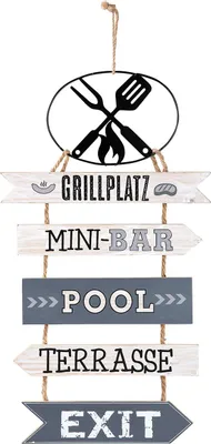 Productafbeelding van Gilde Hanger, "Barbecueplaats", tekstbord, MDF, grijs, verpakking met 3 stuks, lengte 0,5 cm, breedte 27 cm, hoogte 47 cm. Artikelnummer: 44500. EAN: 4063387445006
