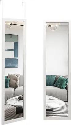 Two full-length mirrors are shown, one hanging from hooks over a door and the other standing independently. Both mirrors reflect a living room scene with a sofa, coffee table, and artwork.