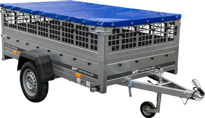 Zdjęcie produktu dla Przyczepka lekka na resorach 230x125 UNITRAILER GARDEN 230/R KIPP z burtami siatkowymi, stelażem H-0 i pokrowcem niebieskim