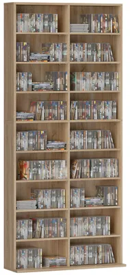 Produktbild von 9-stufiges DVD-Regal mit 18 Fächern und 14 verstellbaren Einlegeböden, Platz für 640 CDs, 360 DVDs oder 430 Blu-rays, Naturholz