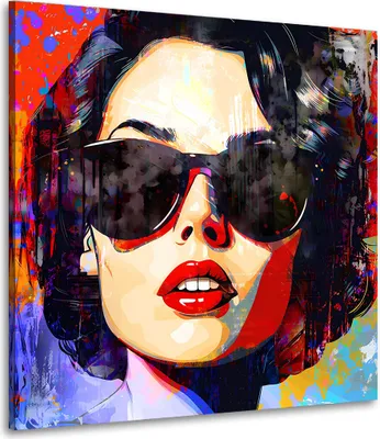 Produktbild von Abstrakt Frau mit Sonnenbrille Pop Art Leinwandbild Wandbild Kunstdruck Wanddeko: 150x150x4cm