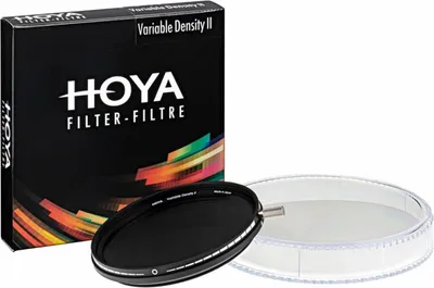 A Hoya Variable Density II filter and its packaging are displayed against a white background.