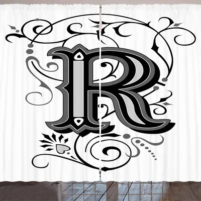 Produktbild von ARANDE Buchstabe R Gardine, Barocke antike R-Typografie mit alten Mode-Englisch-Aristokratischen Strudeln, 280 x 175 cm, Schwarz Weiß Grau