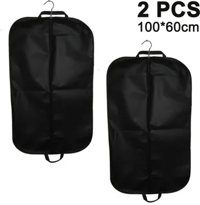 Two black garment bags are displayed against a white background. Text indicating '2 PCS 100*60cm' is present.