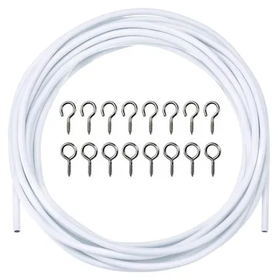 Gardinendraht-Set, 3 m, weiß, mit 8 Ösen und 8 Haken