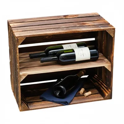 A wooden crate used as a wine rack, with wine bottles and corks inside.
