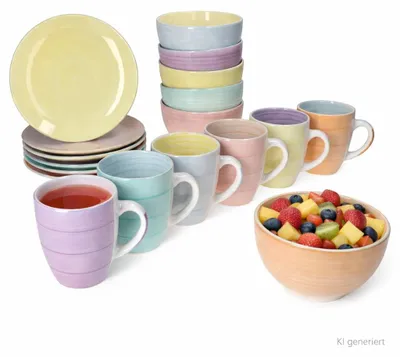 Image de Set de petit-déjeuner Pastello, 18 pièces, couleurs pastel : assiette, tasse, bol à céréales