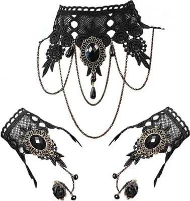 Produktbild von Gotisch Choker Halskette Armbänder Schmuck 3 PCS Halsband Ketten Victorian Steampunk Retro Zahnräder Spitze Vampir Slave Armband für Halloween Ostern Lolita Spitze Schwarz Geschenk