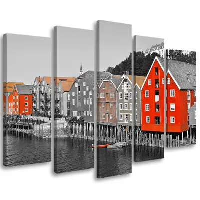 Produktbild von 5-teiliges leinwandbild gebäude meer 200x100 cm Feeby rot wandbild bereit zum aufhängen