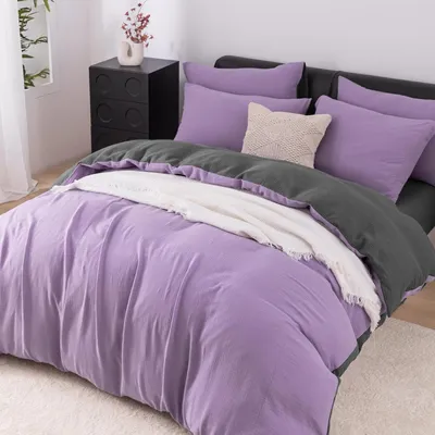 Obrázek produktu pro Sada povlečení 200x200 cm, fialová a šedá, 100% bavlna, mušelín, 3dílná, se zipem