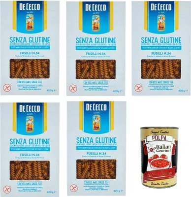 Produktbild von De Cecco Fusillii senza Glutine No.34, Glutenfrei,100% Italienisch Pasta Nudeln gluten free 5x 400G + Italian Gourmet polpa 400g