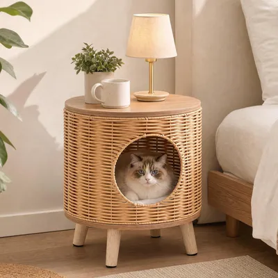 Productafbeelding van COSTWAY Kattenhuis van riet, kattenbed met houten poten, Ø36x41cm, 3-in-1 huisdierenhuis voor voetenbankje/kattenhol/nachtkastje, binnenkattenmeubel geschikt voor katten tot 30 kg