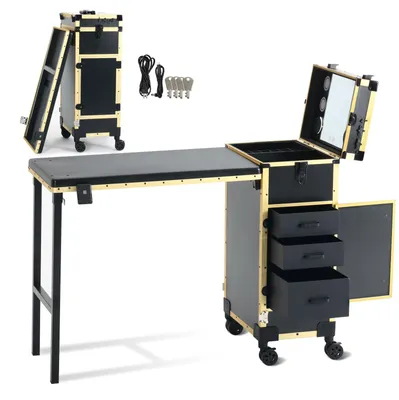 Klappbarer Nageltisch, 360° drehbar, mit Schubladen & Spiegel, Schwarz-Gold