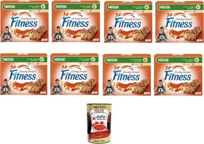 Produktbild von Nestlé Fitness Crunchy Caramel 94gr, Vollkornriegel mit Schokolade und knusprigem Karamell (4 x 23,5 g) 8 x 94 g + Italian Gourmet polpa 400gr