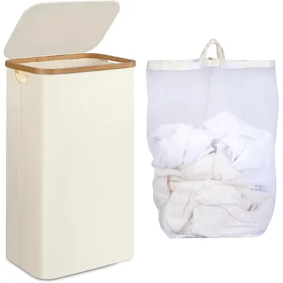 Produktbild von Wäschekorb 75L schmal mit Deckel und herausnehmbarer Innentasche Beige