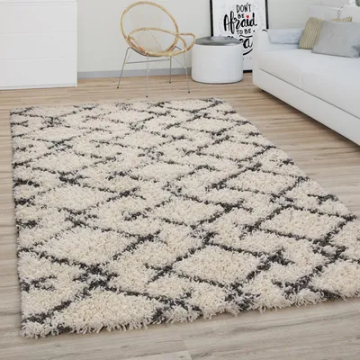 Produktbild von Hochflor Teppich Wohnzimmer Shaggy Langflor Modernes Boho Skandi Rauten Muster Grösse 80 cm Rund