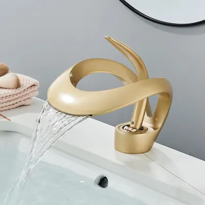 Produktbild von Waschbeckenarmatur Bad - Wasserfallhahn - Messing - Einhebelmischer - Einlochmontage - Heiß Und Kalt - Deckmontage - Gebürstetes Gold