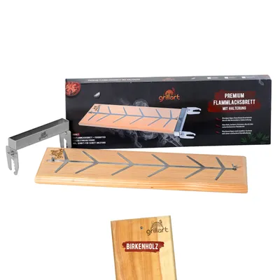 A product shot of a wooden salmon grilling board and its stainless steel holder, with packaging in the background.