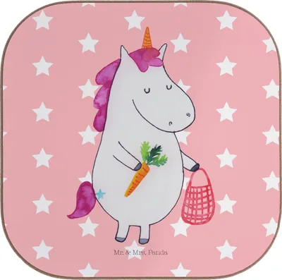 Produktbild von Mr. & Mrs. Panda Tassen Untersetzer Einhorn Vegan - Rot Pastell - Geschenk, für Gläser, Unicorn, Tischuntersetzer, Coaster, Rohkost, Gesund Leben, Glas, essen, Veganer