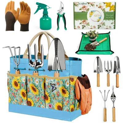 Productafbeelding van Een 9-delige tuingereedschapset, vervaardigd uit roestvrij staal, met ergonomische handgrepen