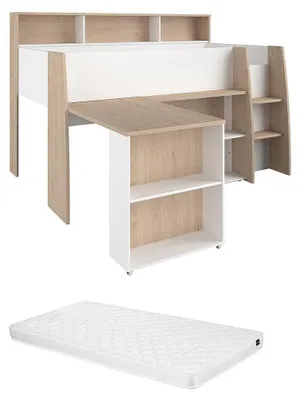 Produktbild von Etagenbett 90 x 200 cm mit Schreibtisch und Ablagefächern - Weiß und Natur + Matratze - APOLINO