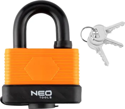 Zdjęcie produktu dla NEO TOOLS Wodoodporny zamek na kłódkę 65 mm, odporny na warunki atmosferyczne zamek ze stali laminowanej, solidna kłódka o grubości 13 mm, gumowa osłona