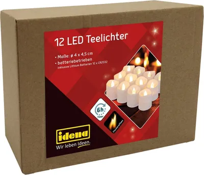 Produktbild von Idena 30469 - LED Teelichter, 12 Stück, elektrische Kerzen mit flackerndem Licht, inklusive Batterien, 6 Stunden Timer Funktion, Höhe ca. 4,5 cm, Deko für Hochzeit, Party, als Stimmungslicht